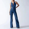 Damen-Jeans-Jumpsuit figurbetont mit Rückenausschnitt und ausgestelltem Bein